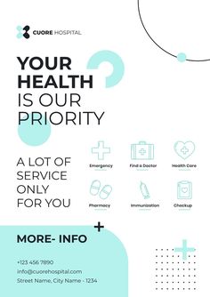 the front cover of a brochure featuring medical icons and text that reads, your health is our priority