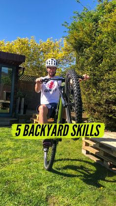 a man is sitting on his bike with the words 5 backyard skills in front of him