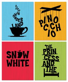 four different colored wooden signs with black lettering on the front and bottom, one saying snow white