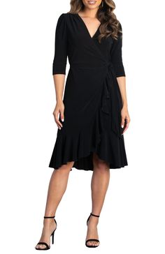 The Whimsy Ruffled Midi Wrap Dress features cascading flounces on the skirt and bottom hem. This functional wrap provides adjustable coverage and flattering 3/4 length sleeves. Perfect for cocktail and special occasions, work, and as a wedding guest dress. Available in both regular and plus sizes. -Material: 95% Polyester, 5% Spandex -Care Instructions: We recommend machine washing in cold water on the gentle cycle. Do not bleach. Lay flat to dry. Cool iron when needed. -Product Fit: Adjustable Formal Work Dresses Nordstrom, All Black Dress Outfit Classy, Casual Chic Dresses, Office Photoshoot, Wardrobe Plan, Fab Dress, Guest Attire, Cocktail Wedding, Midi Wrap Dress