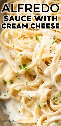 alfredo sauce with cream cheese in a bowl on top of a wooden table and text overlay that reads alfredo sauce with cream cheese