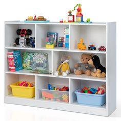 a white book shelf filled with lots of toys