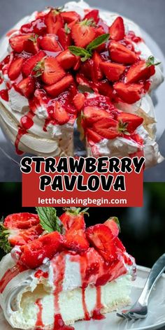 strawberry pavoa cake with whipped cream and fresh strawberries on top is shown