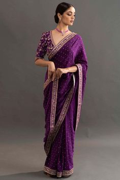 Luxury Purple Saree With Weaving Work, Luxury Purple Georgette Saree, Luxury Purple Saree With Intricate Embroidery, Luxury Purple Pre-draped Saree With Zari Work, Velvet Blouses For Saree, Luxury V-neck Blouse With Zari Work, Luxury Purple Pre-draped Saree For Diwali, Luxury Purple Saree Gown, Luxury Purple Saree For Reception