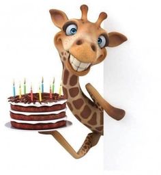 a cartoon giraffe holding a birthday cake with candles on it's side