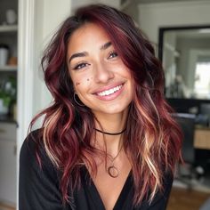 Dark Brown Red And Blonde Hair, Dark Hair With Blonde And Red, Long Hair Color Ideas Red, Blonde Color Hair Ideas, Women’s Dark Hair Color, Chunky Fall Hair, Brown Hair On Top Red Underneath, Red Color Melt Hair Dark Brown, Dark Hair With Pink Streak