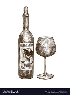 a wine bottle and a glass on a white background with the word wine written in black ink