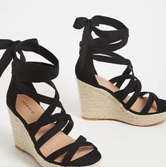 Torrid Ankle Wrap Espadrilles New 10.5 New In Box 3 Inch Wedge Lace Up Espadrille Wedges, Shoes Heels Classy, Cute Shoes Heels, Cute Wedges, Wedge Espadrilles, Heels Classy, Ankle Strap Wedges, Cute Heels, Ankle Wrap