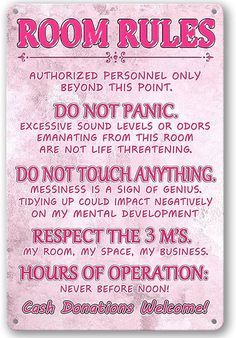 a pink sign that says room rules