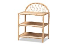 a bamboo shelf with two shelves on each side and one shelf below the shelf is made out of wicker