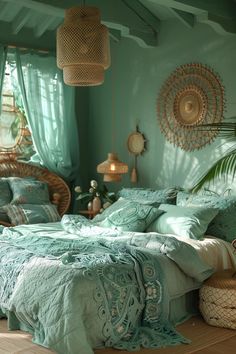 a bed room with a neatly made bed and wicker baskets hanging from the ceiling