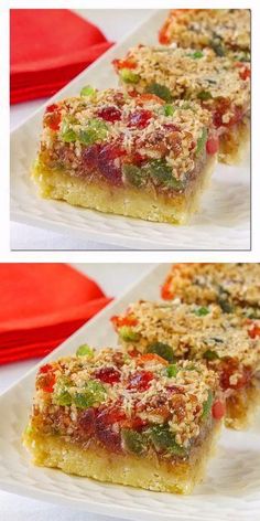 three different pictures of food on a white plate with red napkins and forks in the background