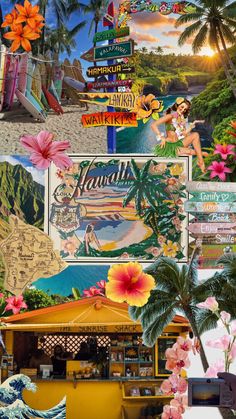 a collage of photos with flowers, signs and palm trees in the foreground