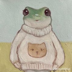 a painting of a frog wearing a sweater with a bear on it's chest