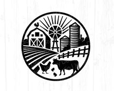 an image of a farm scene with cows and windmills in the middle of it