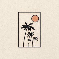 an image of palm trees and the sun above them on a white paper textured background