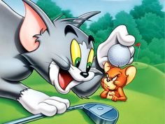 an image of a cartoon cat playing golf with a kitten on the ground next to it