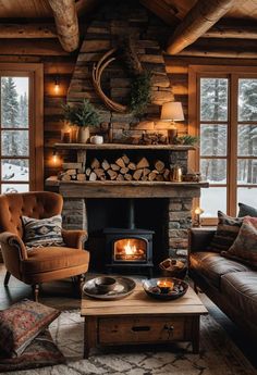 a living room filled with furniture and a fire place in front of a stone fireplace