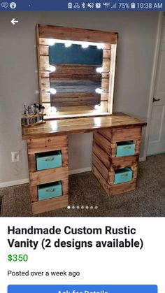 an image of a wooden vanity with lights on it's sides and the words, handmade custom rustic vanity 2 designs available $ 350