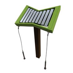 a green bench with two legs and a solar panel on the top, sitting in front of a white background