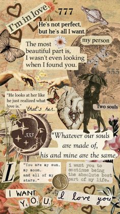 a collage of words and pictures with hearts, flowers, and other things on it