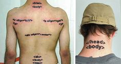 the back of a man's chest with multiple words written on it