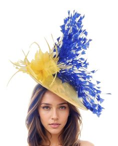 Royal Blue Cobat Yellow Lemon Tea Party Fascinator Hat Headband Kentucky Ascot Derby Wedding Statement Floral Rose Woman Headwear Saucer  Irene- Royal Bue and Lemon Yellow Kentucky Ascot Derby Fascinator Hat The Irene saucer disc feather fascinator comprises a beautiful mass of royal blue feathers on a large sinamay disc base finished off with lemon yellow feather flowers Base measures 12 inches wide This royal blue and yellow wedding fascinator is mounted with a matching headband. If you prefer Lemon Tea Party, Feather Flowers, Derby Wedding, Blue Feathers, Yellow Feathers, Derby Fascinator, Hat Headband, Feather Fascinator, Wedding Fascinators