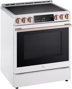 a white oven with two burners on the front and one in the middle, against a white background