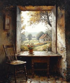 a painting of a table and chair in front of an open window with a view of the countryside