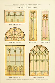 four different types of stained glass in various shapes and sizes, including one with an arched window