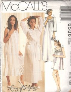 McCalls 6536, Misses robe with tie belt and nightgowns in three lengths: Eyelet and lace trimmed robe with inside ties has extended shoulders, sleeves gathered to armholes, patch pockets and tie belt: lace trimmed nightgown in three lengths has front and back gathered to yokes and partial front button closing: long length view A has below elbow length sleeves gathered to armholes and eyelet trim: mid-calf length view B with ruffles and short length view C are sleeveless. Lanz of Salzburg - Copyr Nightgown Pattern, Women's Sewing Pattern, Women's Robe, Mccalls Patterns, Clothes Sewing Patterns, Sewing Pattern Sizes, Nightgowns, Salzburg, Elbow Length Sleeve