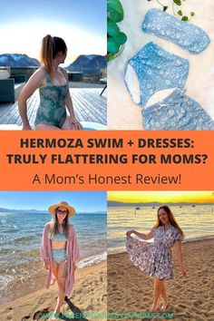 two women in swimsuits on the beach with text overlay that reads, hermoza swim dresses truly flattering for moms