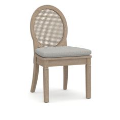 a wooden chair with a gray cushion on it's back and seat padding