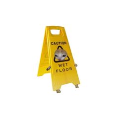 a yellow caution sign with an animal on it's face and the words caution wet floor