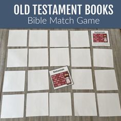 the old testament books bible match game is displayed on a wooden table with white tiles