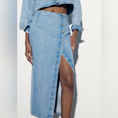 Zara Side Buttons Denim Skirt Zara Midi Skirt, Denim Wrap Skirt, Denim Button Skirt, Ruched Midi Skirt, Long Denim Skirt, Striped Midi Skirt, Tweed Pencil Skirt, Grey Pencil Skirt, Zara Skirts