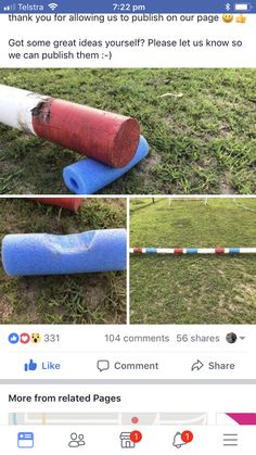 the facebook page shows an image of a blue and white pipe laying on top of grass