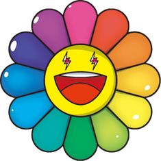 a colorful flower with a smiley face on it's center piece and lightning bolt coming out of its mouth