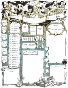 a drawing of a bunch of skulls on top of a table with lots of papers