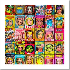 a collage of many different pictures with clowns on them, including one woman's face and two men's faces