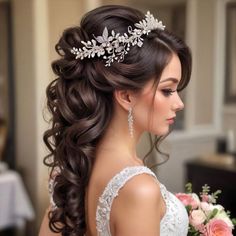 Bride Updo Hairstyles With Tiara, Half Up Half Down With Crown, Princess Bridal Hairstyles, Engagment Hair Hairstyles, Bridergton Hairstyle, Bridal Crown Hairstyles, Bridal Hairstyles With Veil, Wedding Hairstyles With Headband, Bride Hairstyles With Veil