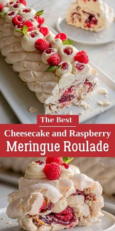 the best cheesecake and raspberry meringue roulade is on display