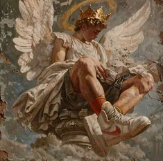 a painting of an angel sitting on the ground with his feet up in the air