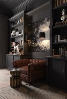 a living room filled with furniture and bookshelves