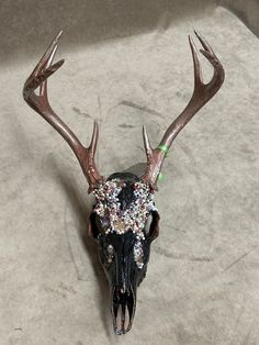 a deer's head with horns decorated with beads and jewels on it, sitting on a table