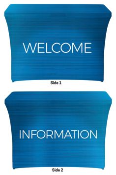 two blue banners with the words welcome and information side by side on white background illustration