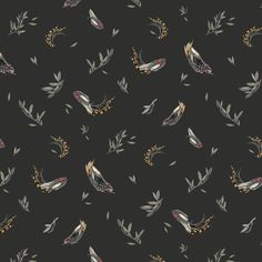 a black background with birds and leaves on it