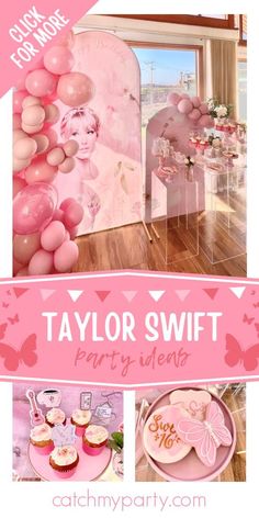 a pink themed party with balloons and cupcakes