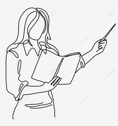 a woman holding a book and pointing to it with her hand, outline drawing, black and