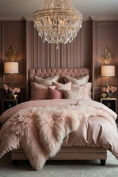 a bedroom with a chandelier and pink bedding